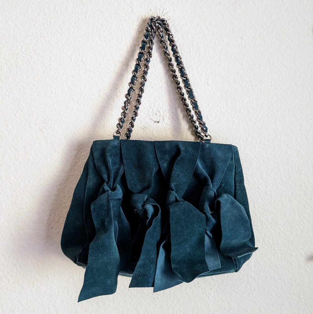 Ermanno Scervino Teal Blue Suede Leather Tie Shoulder Bag Purse RARE